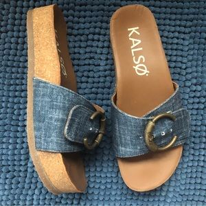 🦋 Single Strap Leather & Denim Earth Slide Sandal 🦋